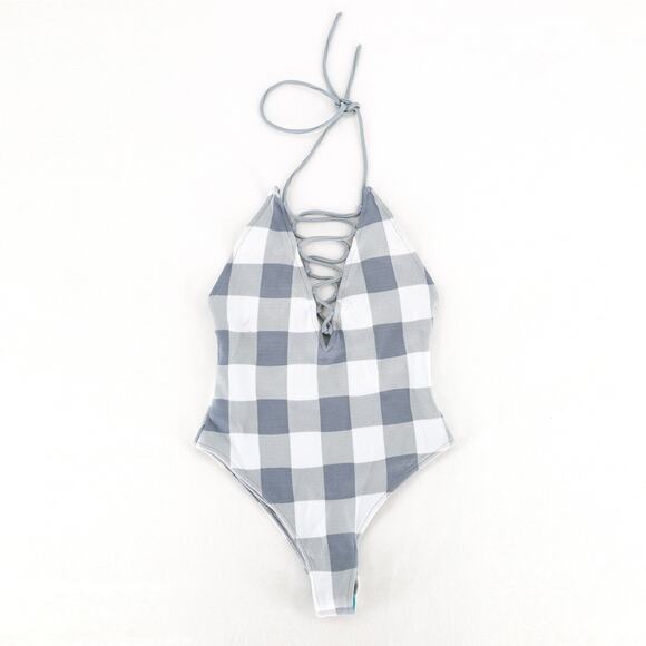 Tularosa Women French Gray Plaid Knit Tawney Halter One Piece Swimsuit Size XS - Picture 2 of 6